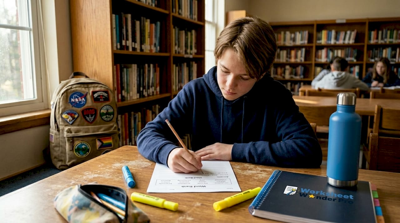 Student using worksheet word bank in classroom