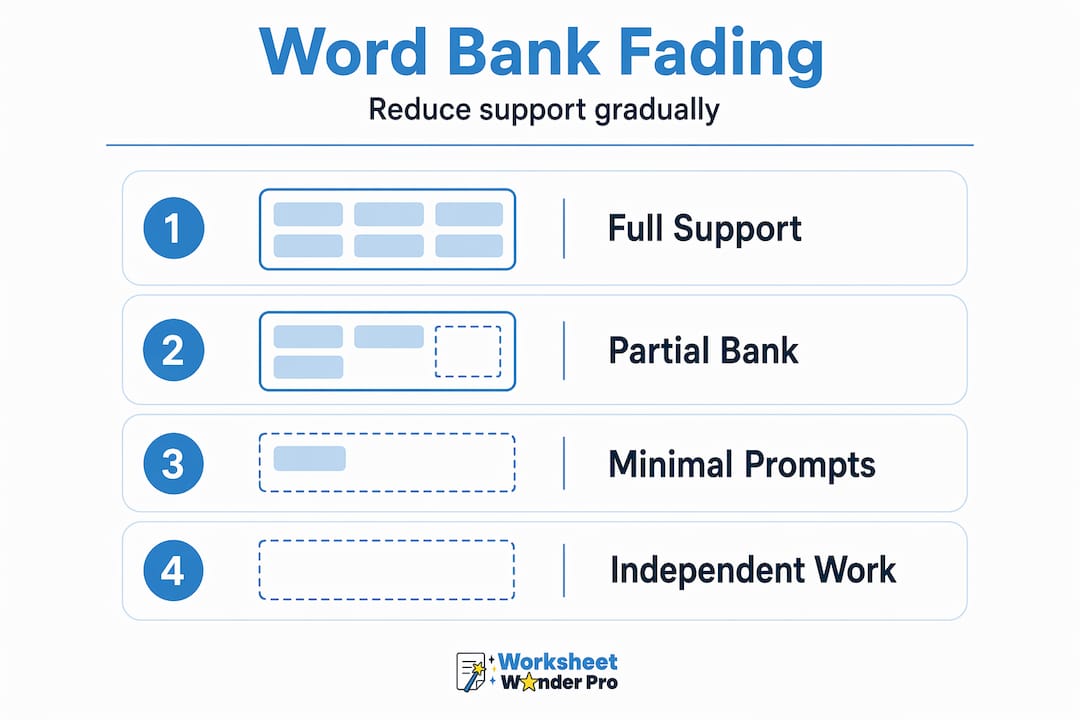 Vertical flow infographic showing word bank fading steps
