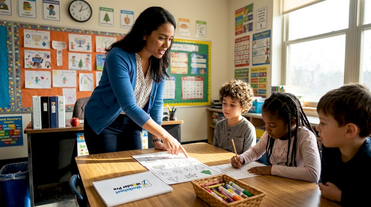 Teacher helping students with holiday worksheet