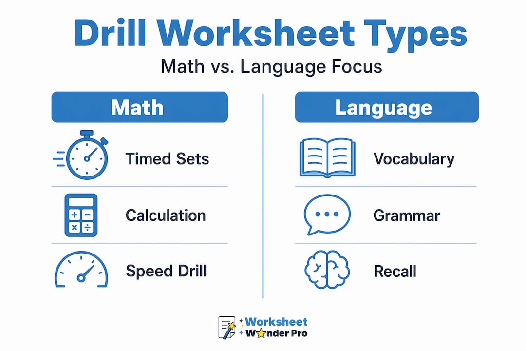 Infographic comparing math and language skill drill worksheet types