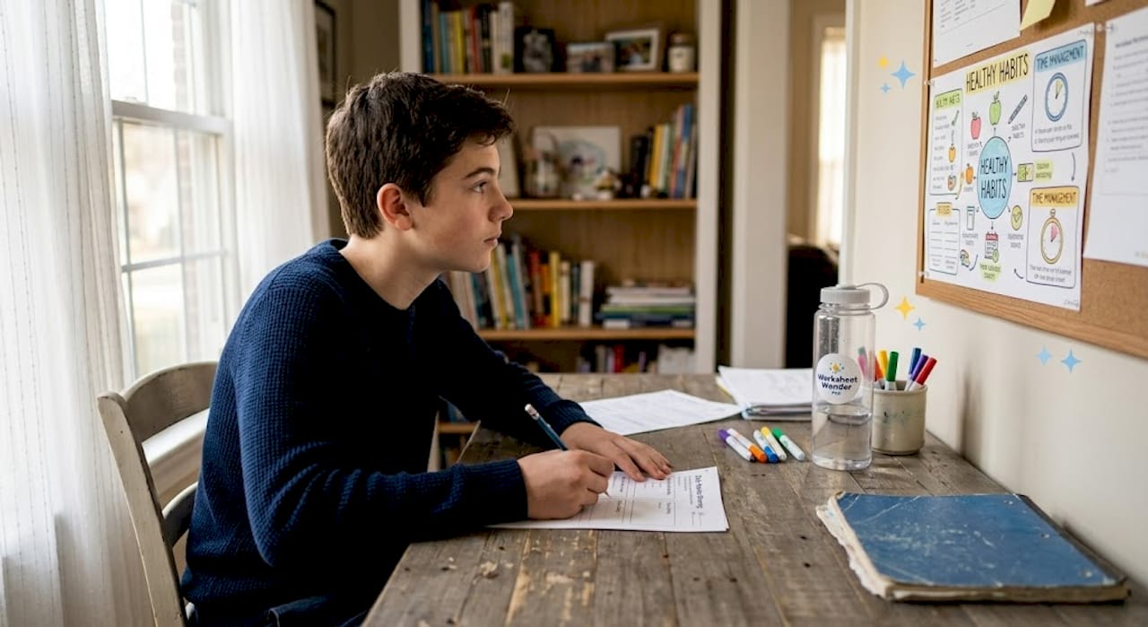 Student completing worksheet at school desk