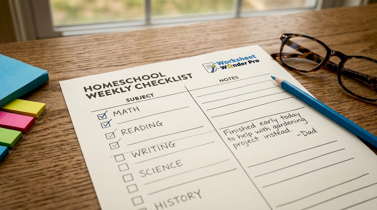 Daily homeschool worksheet checklist with core subjects