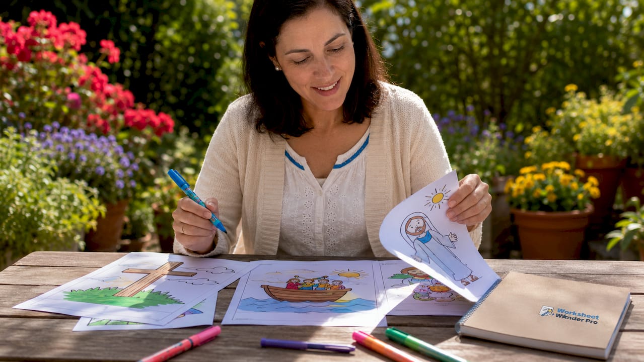 Teacher preparing Bible coloring pages in classroom