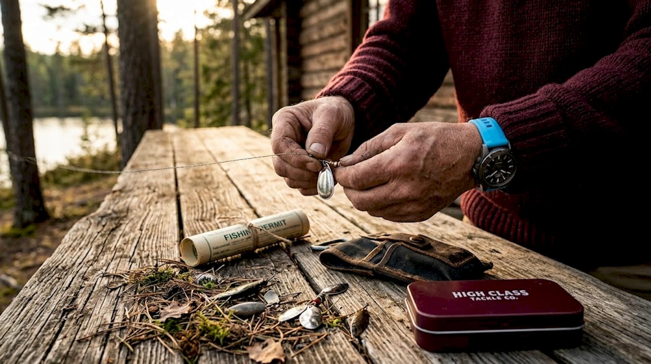 Hands rigging spinnerbait lure on picnic table