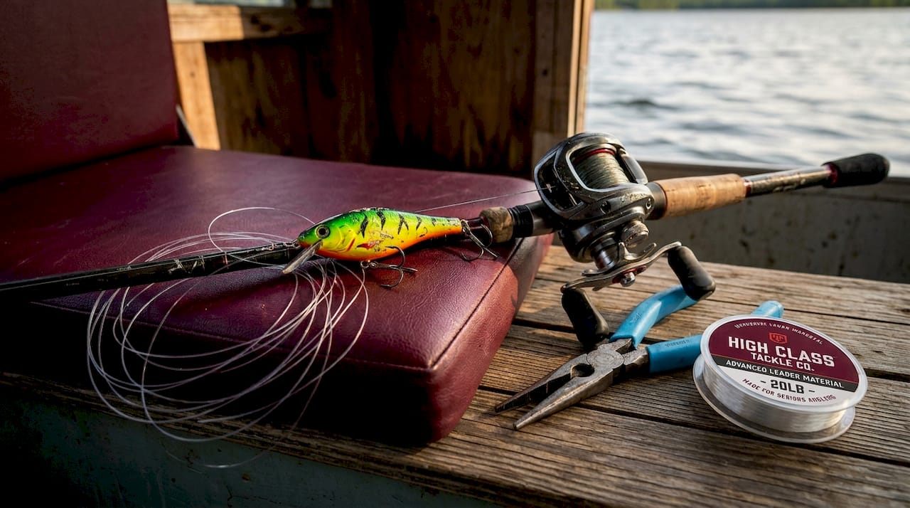 Plug fishing rod, reel, and tackle closeup