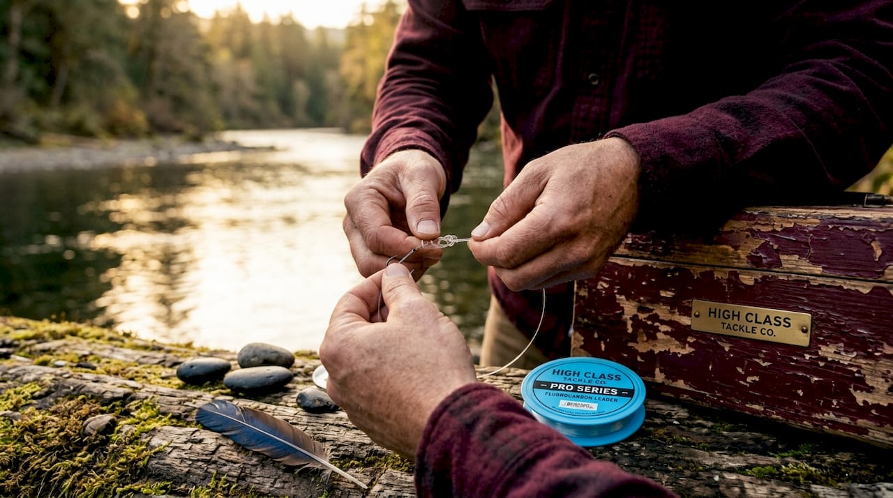 Angler tying fluorocarbon line near river