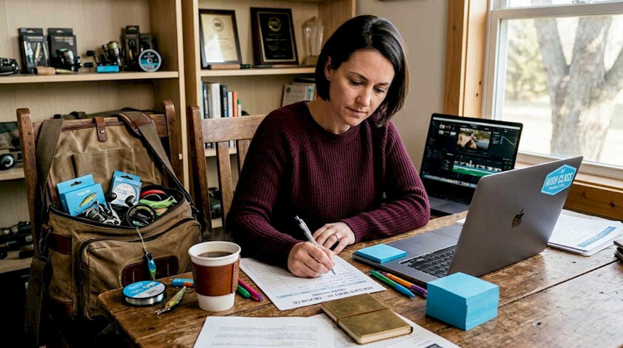 Creator planning fishing episodes at kitchen table