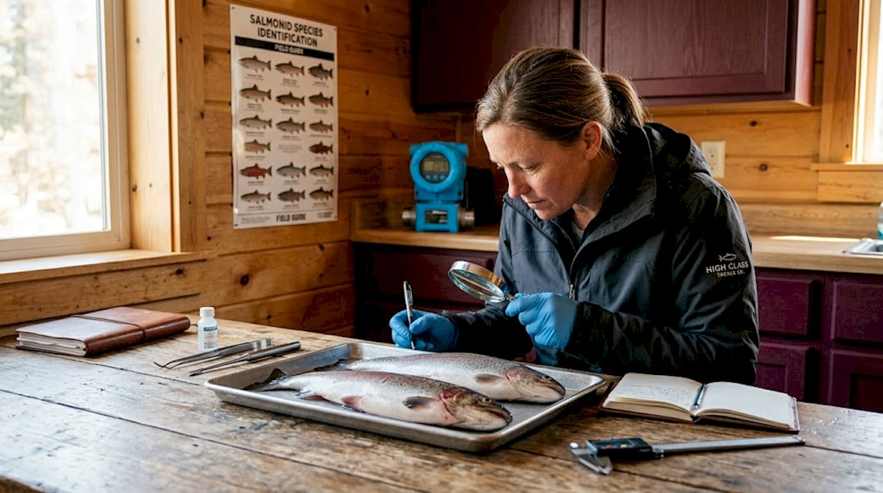 Biologist inspecting steelhead and salmon differences