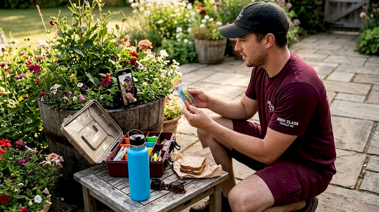 Angler films fishing tip on backyard deck