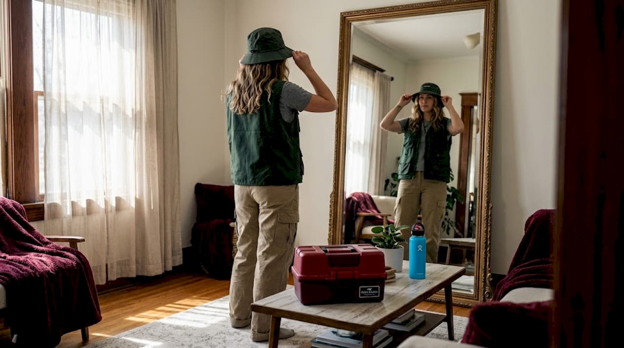 Woman adjusting fishing hat at hallway mirror