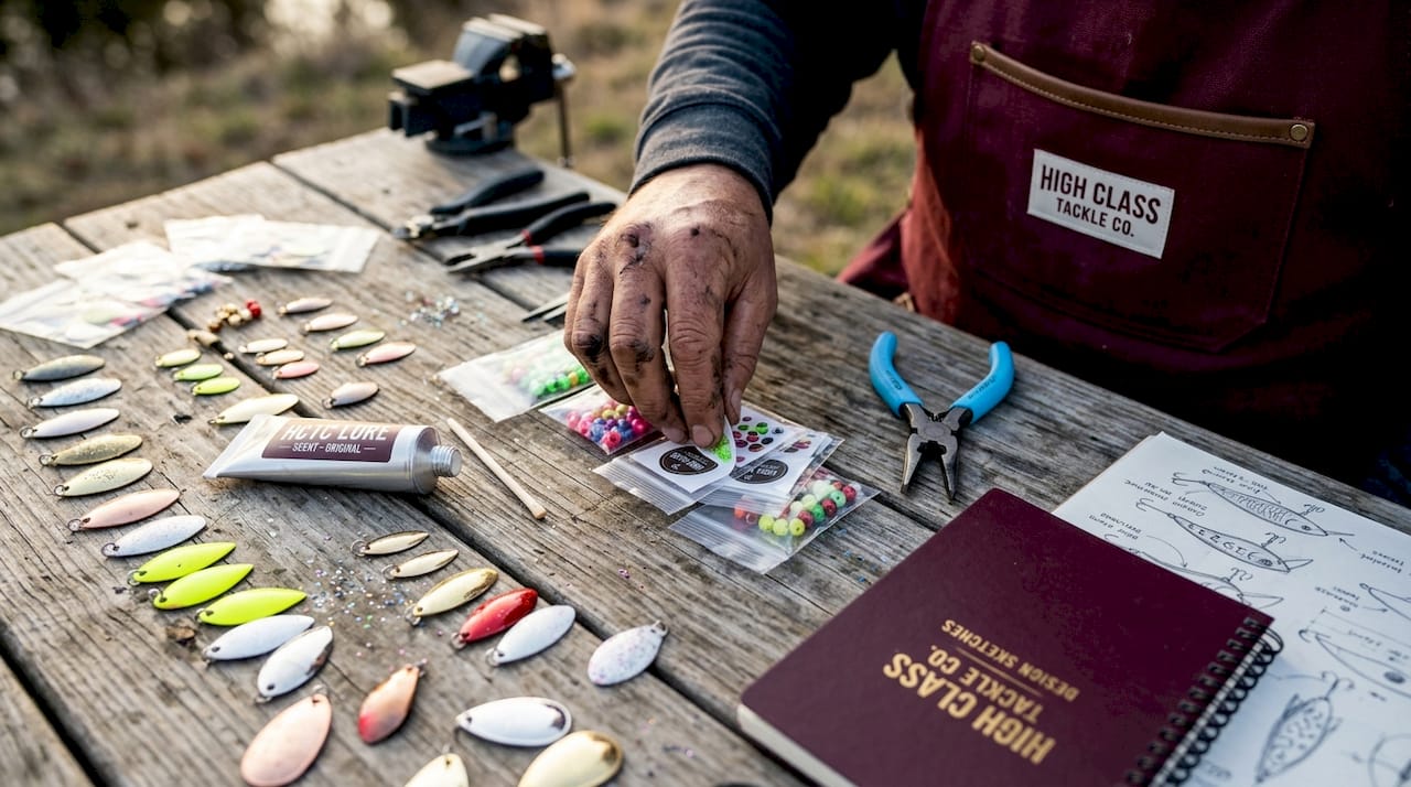 Hands selecting spinner blade colors on workshop bench