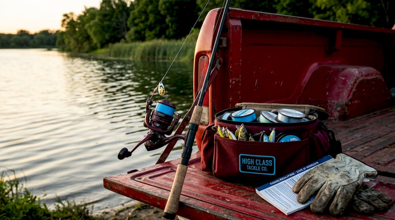 Fishing tackle with Simons spinner on truck tailgate