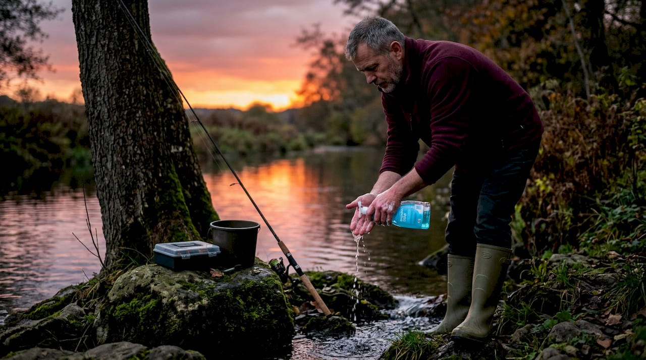 Angler washing hands with enzymatic soap by river
