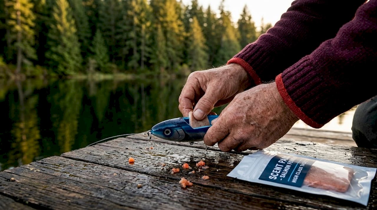 Hands swapping scent pads in fishing lure