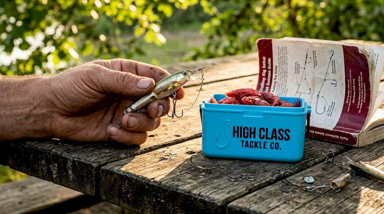 Yakima Spinfish lure held above tackle bench