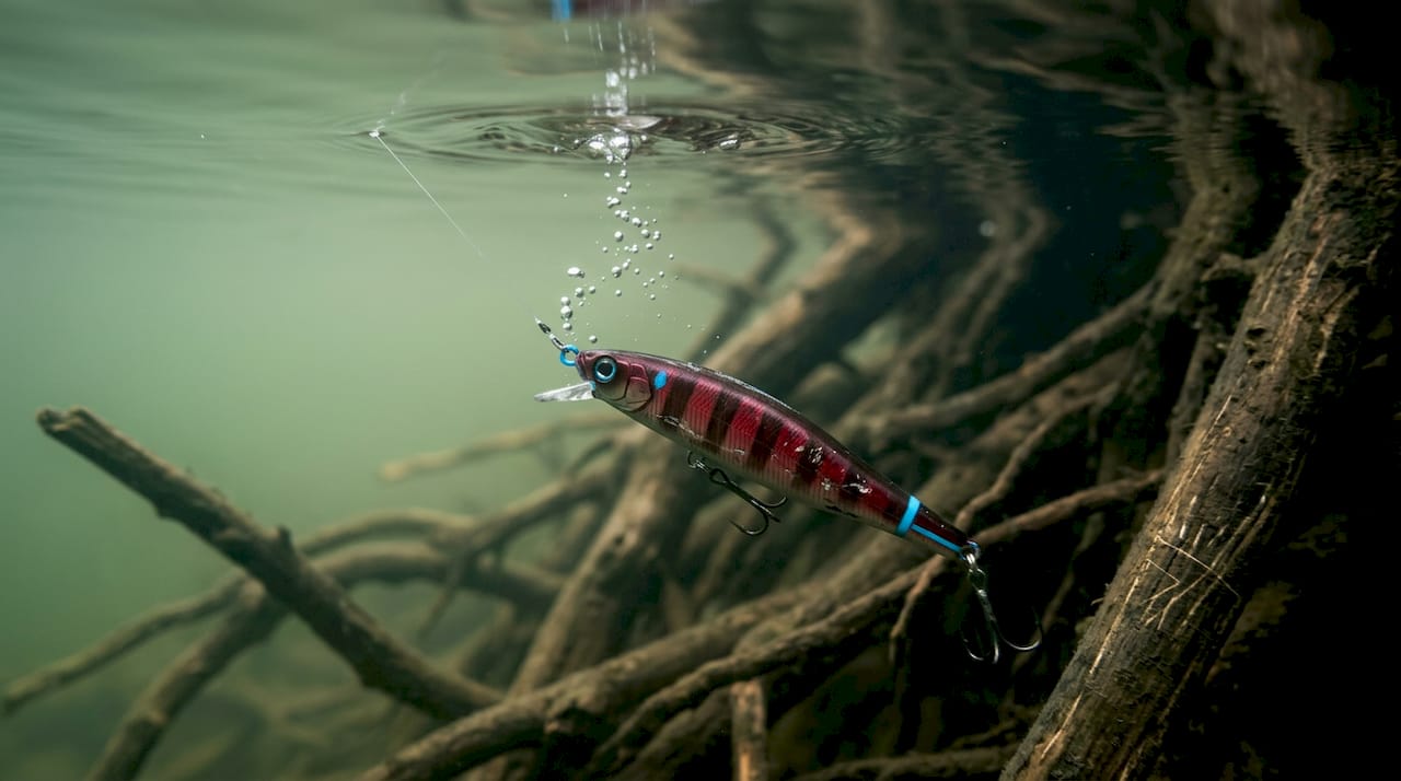 Slim jig minnow lure underwater action shot