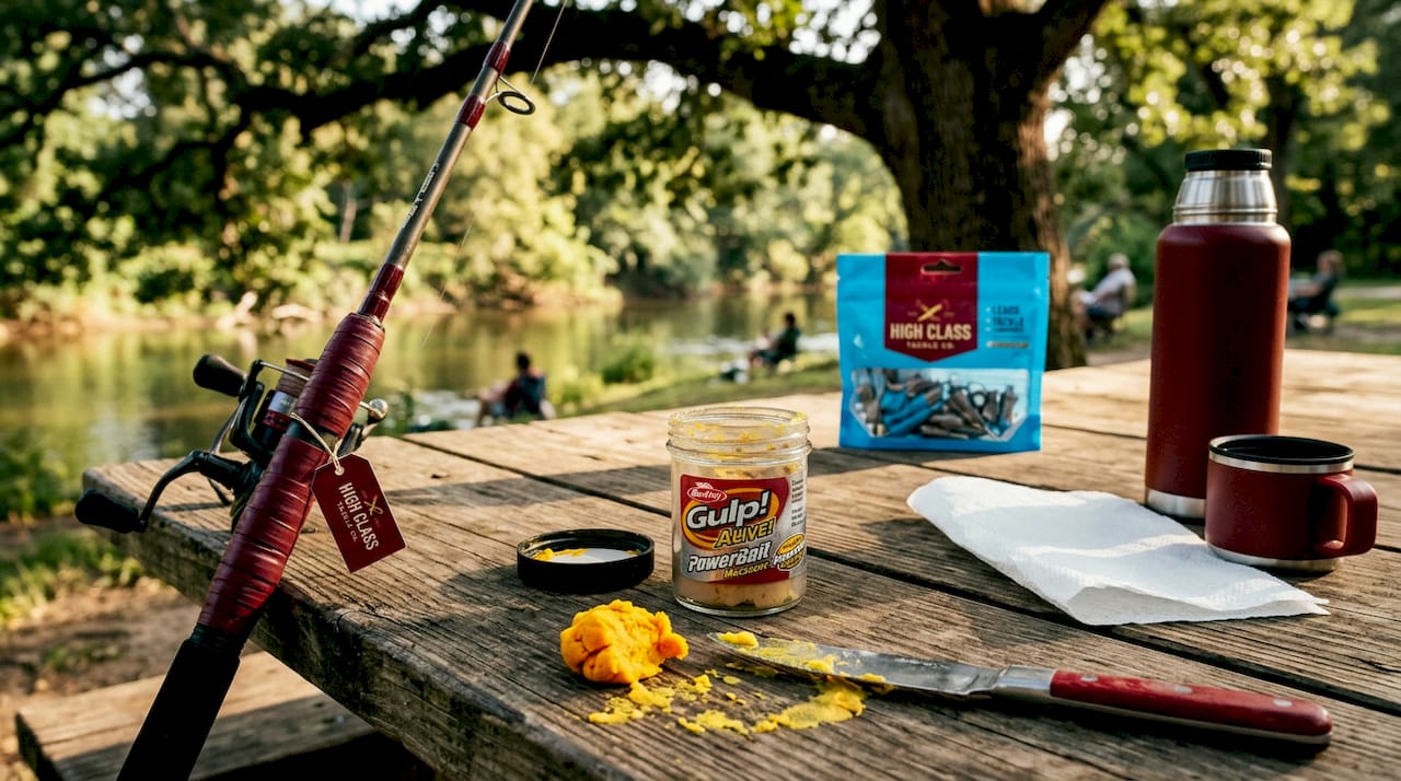 Open jar of Berkley PowerBait on table