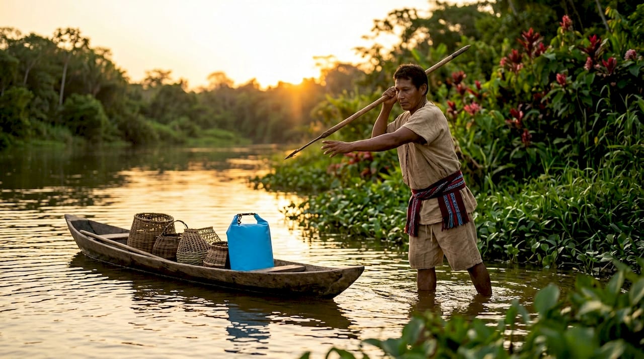 Paumari fisherman spearing fish in tropical river