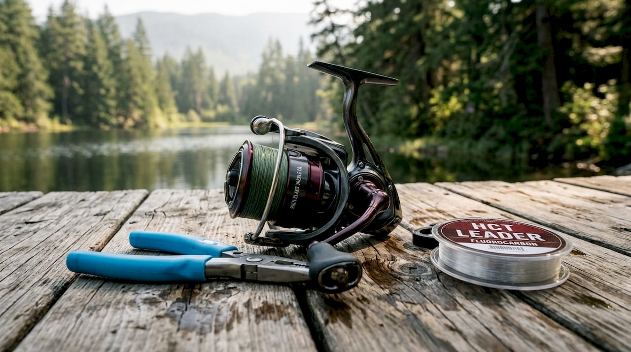 Spinning reel with braided line on wooden dock