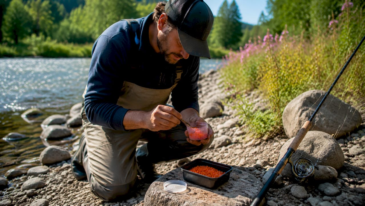 Close-up of salmon eggs coated with Pro Cure