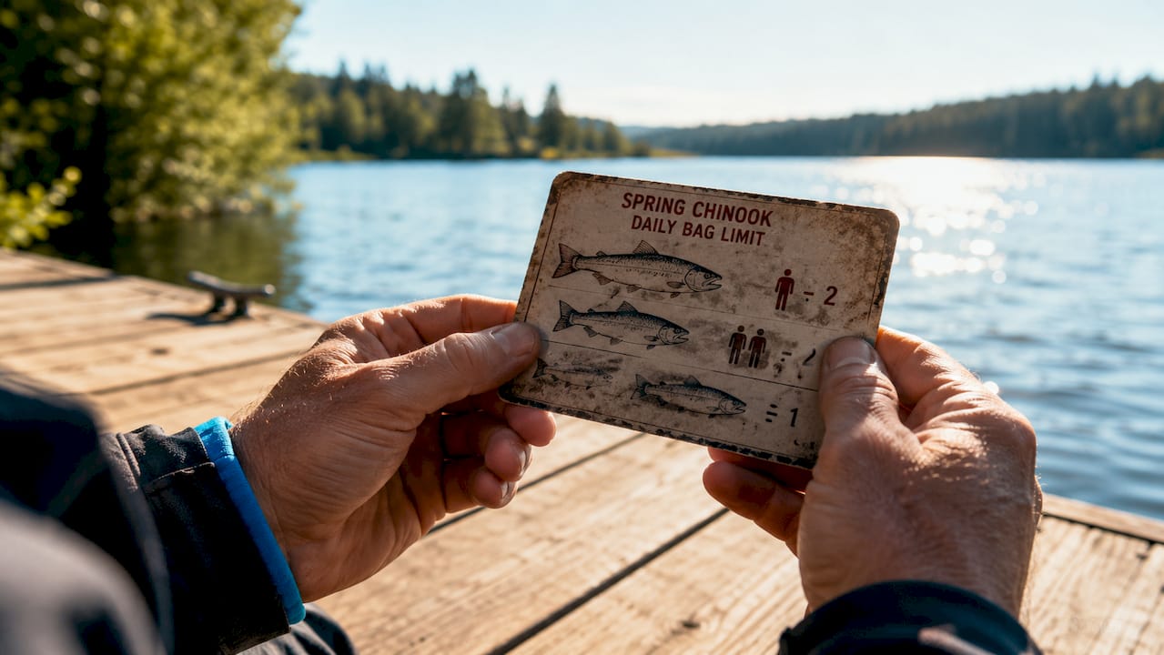 Hands holding spring Chinook fishing regulations card outdoors
