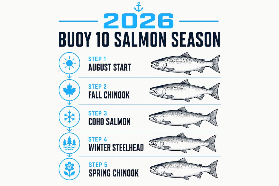 Infographic showing 2026 Buoy 10 salmon season timing steps