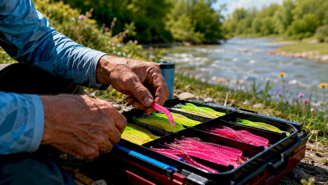 Hands selecting chartreuse and pink Q8 Superbait baits in tackle box