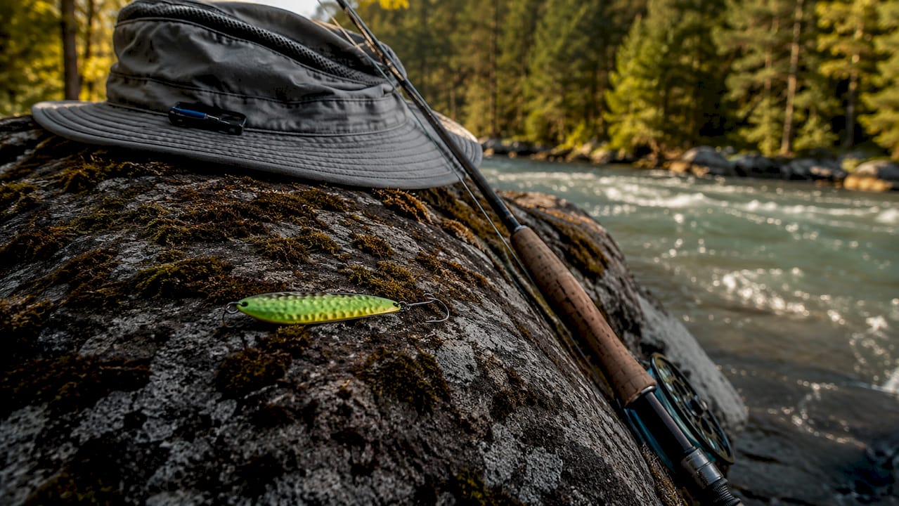 Close-up of chartreuse hammered spoon lure on riverbank