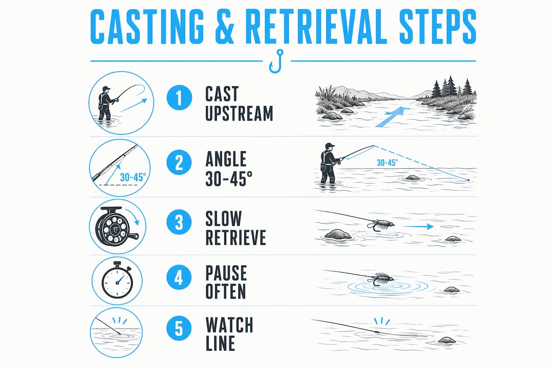 Infographic showing steelhead spoon fishing casting and retrieval steps