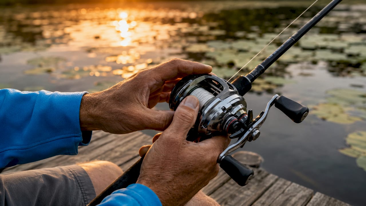 Close-up of hands adjusting baitcaster reel outdoors