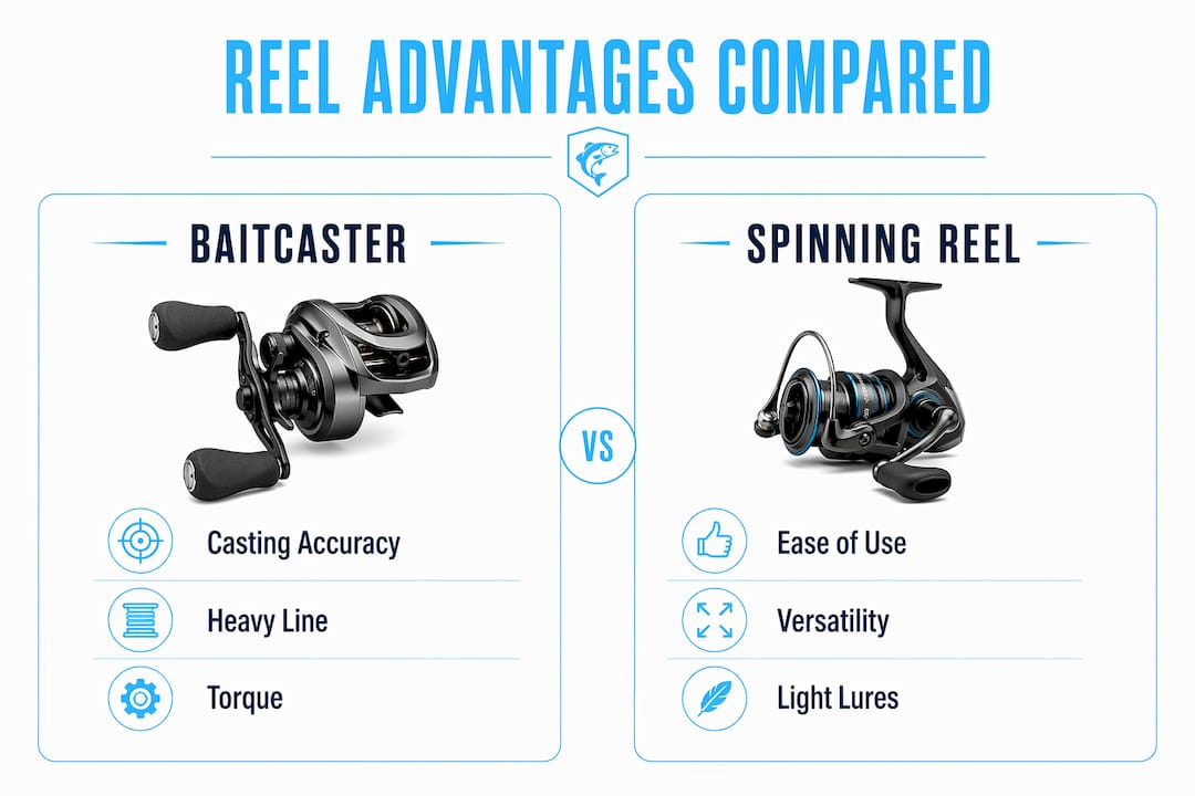 Infographic comparing baitcaster and spinning reel advantages