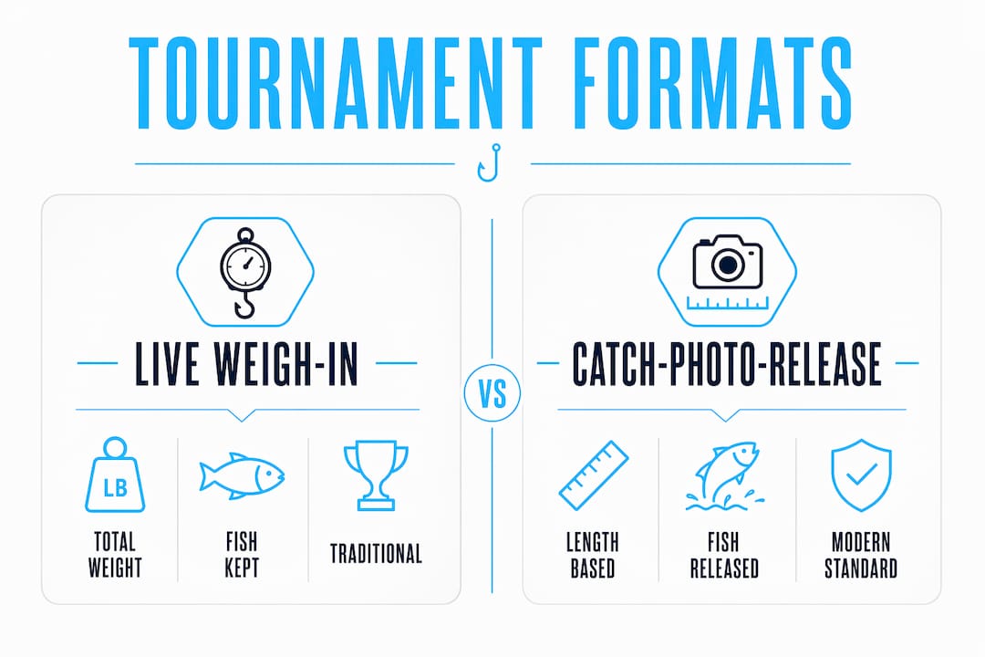 Infographic comparing fishing tournament formats live weigh-in vs catch-photo-release
