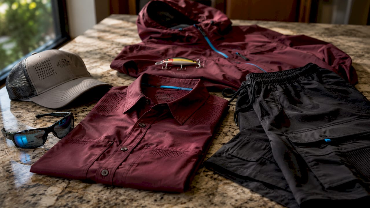 Flat lay of fishing lifestyle apparel clothing