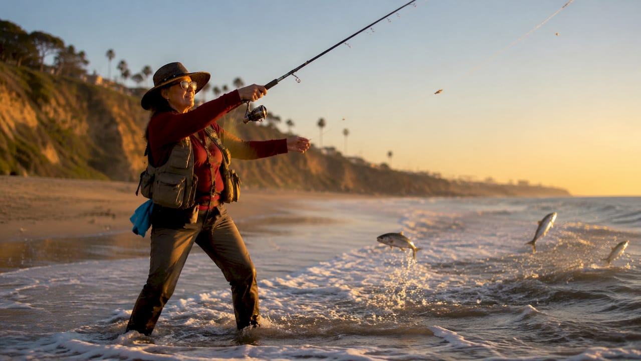 Female angler lowering bait into tidal current