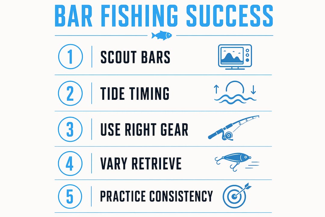 Infographic showing key steps for successful bar fishing