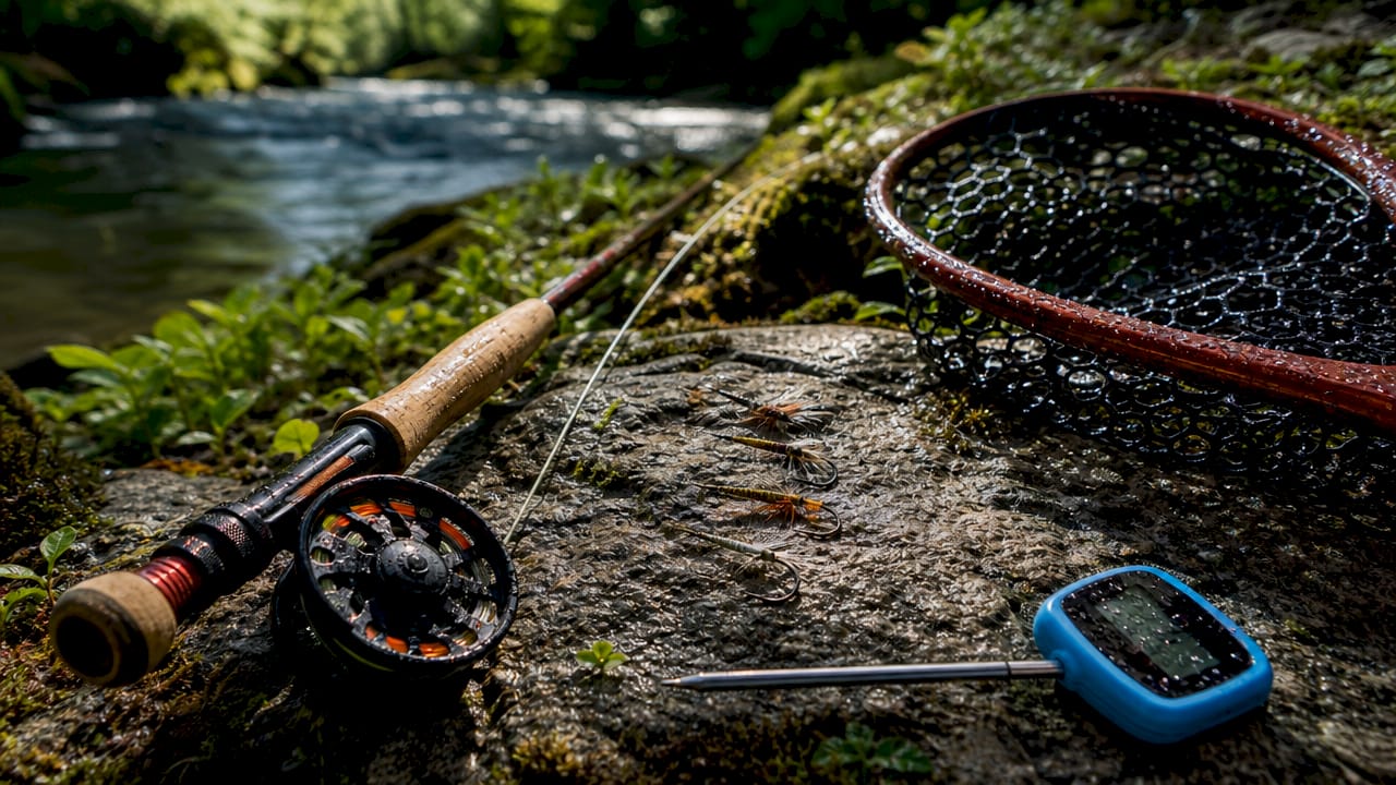 Close-up of low water salmon fishing gear on dock