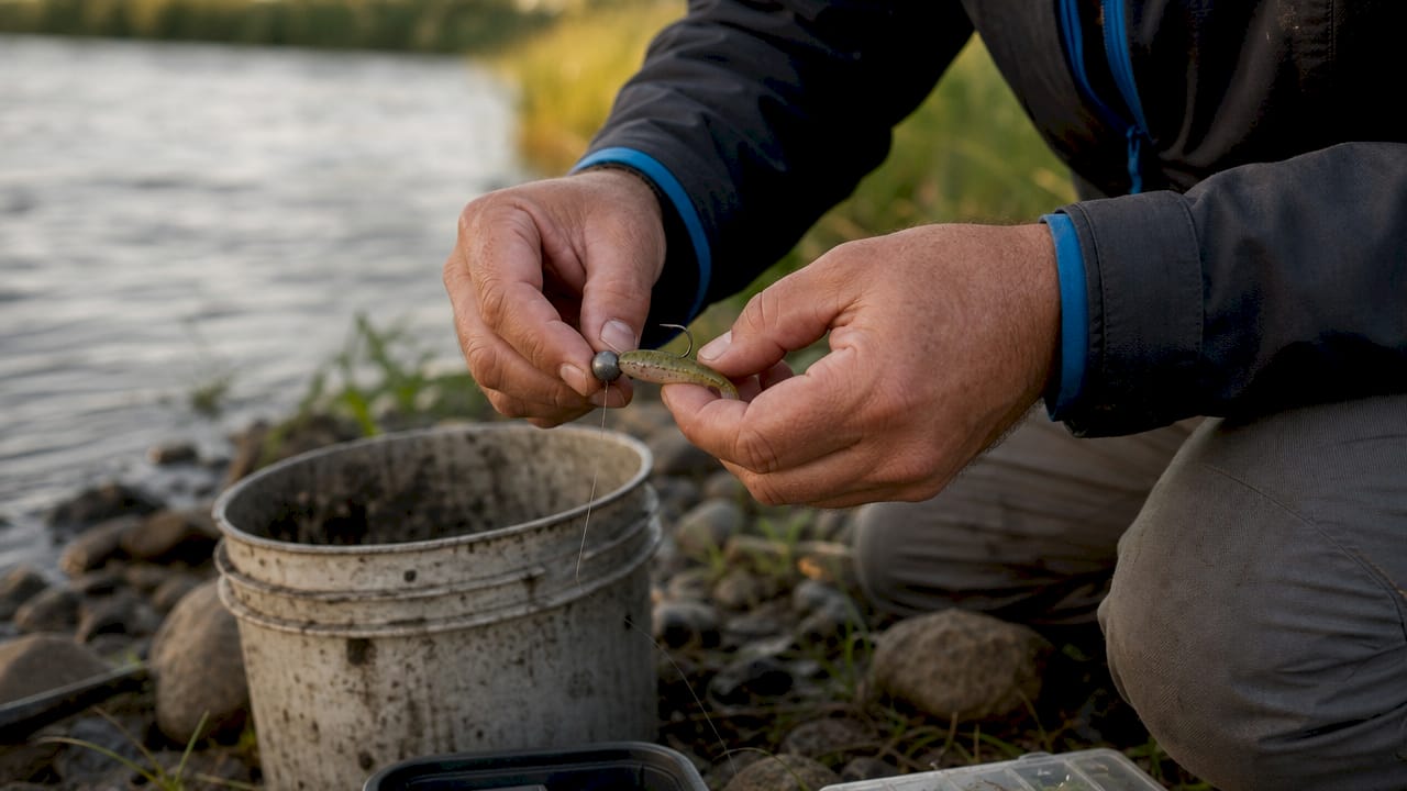 Fisherman rigging soft plastic on jig head outdoors