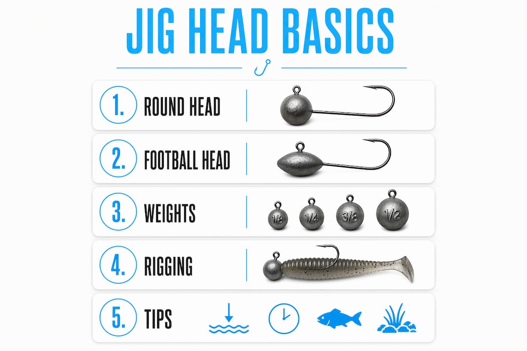 Infographic illustrating jig head types and rigging steps