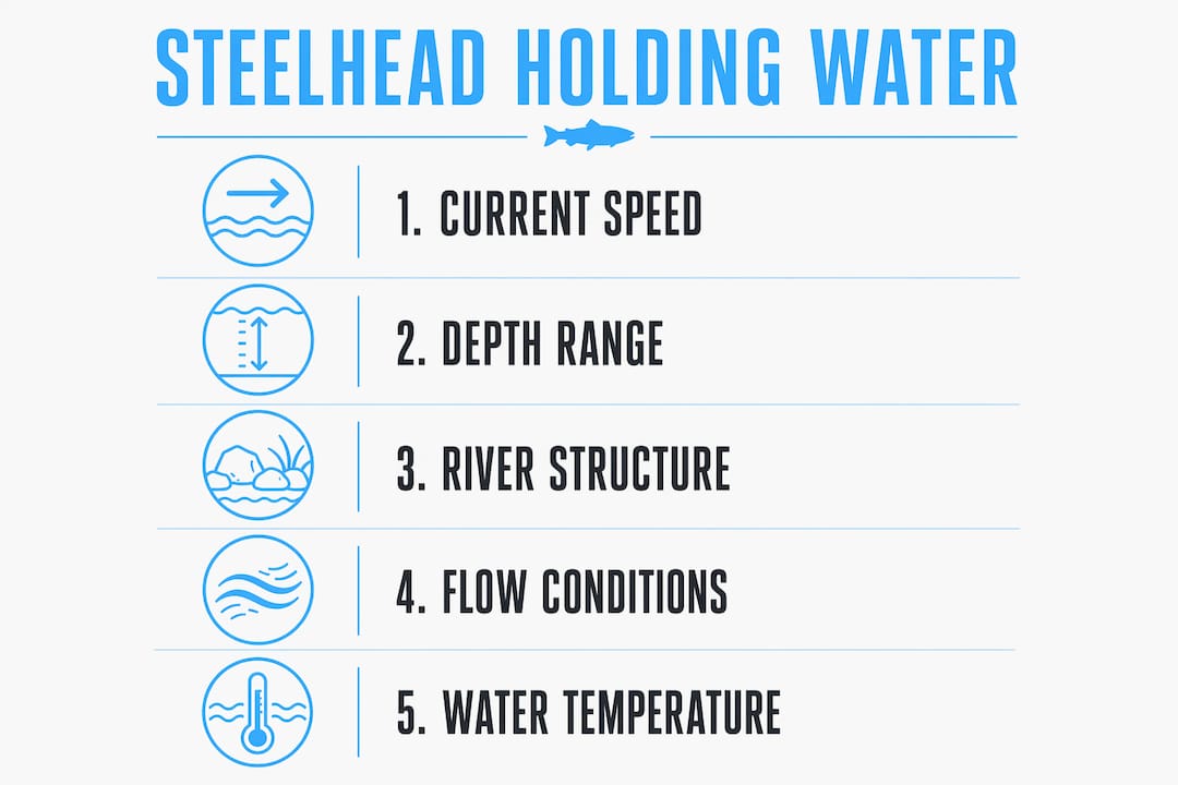 Infographic showing steelhead holding water key factors in vertical flow layout