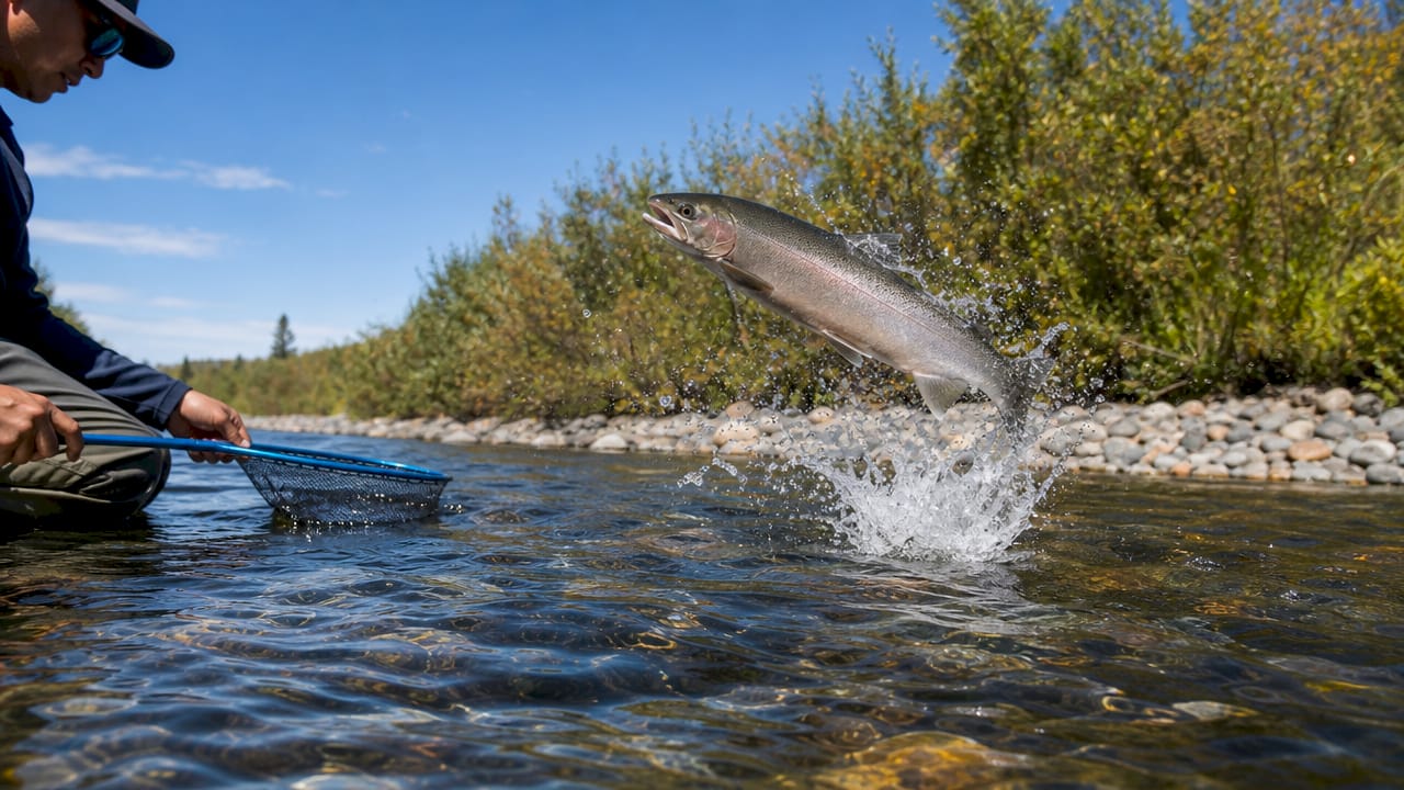Side view of steelhead trout jumping out of water