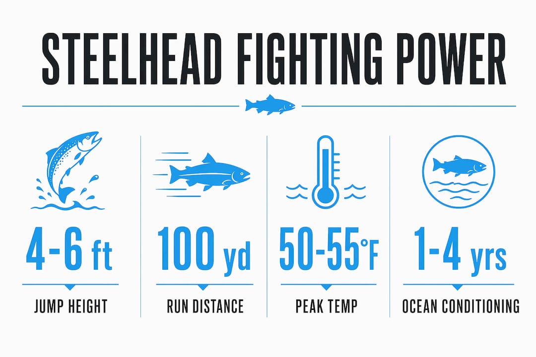 Infographic illustrating steelhead fight power metrics