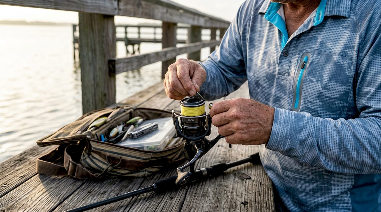 Close-up of hands rigging spinning reel for pier salmon fishing