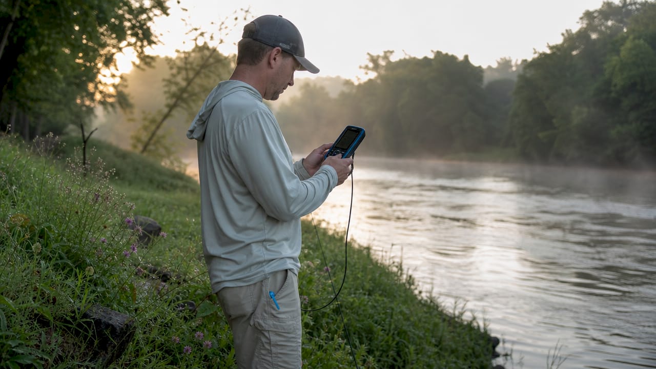 Hands monitoring river gauge device by river