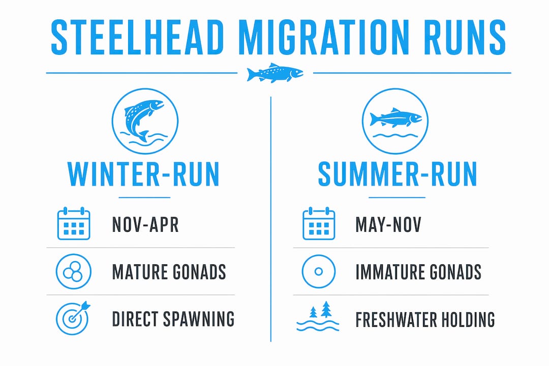Infographic comparing winter-run and summer-run steelhead migration