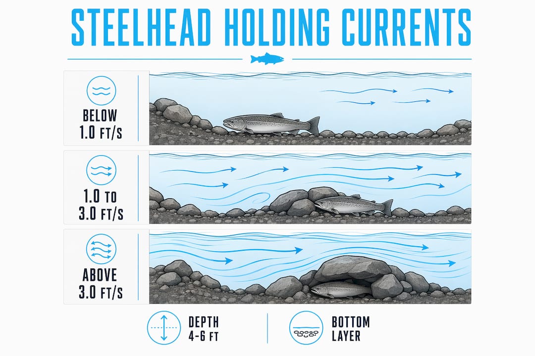 Infographic illustrating ideal steelhead river current speeds and depth
