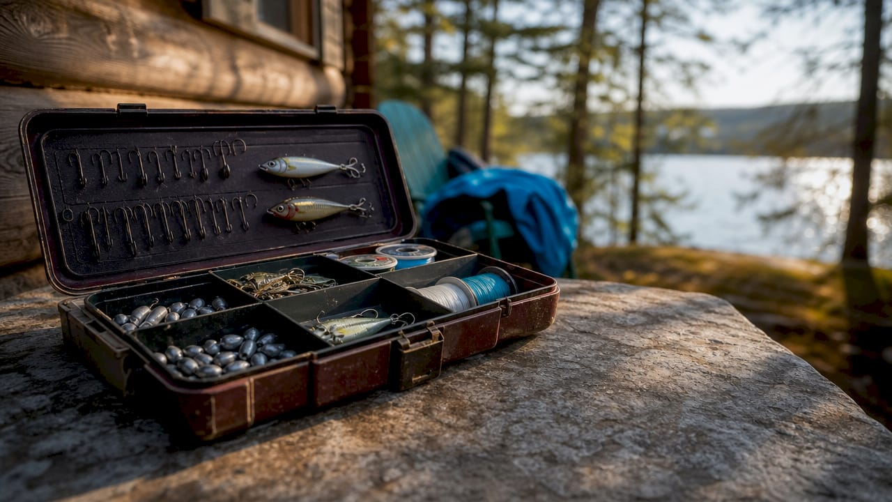 Compact tackle box with fishing hooks and lures