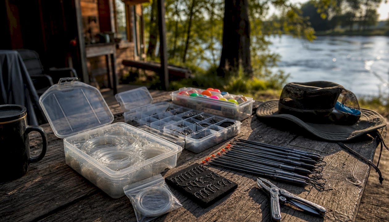 Overhead view of steelhead terminal tackle on table