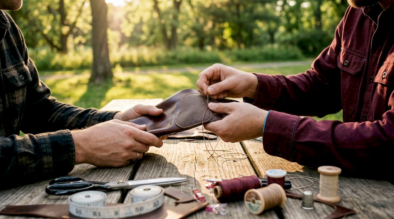 Hands assembling ergonomic fishing gloves in workshop