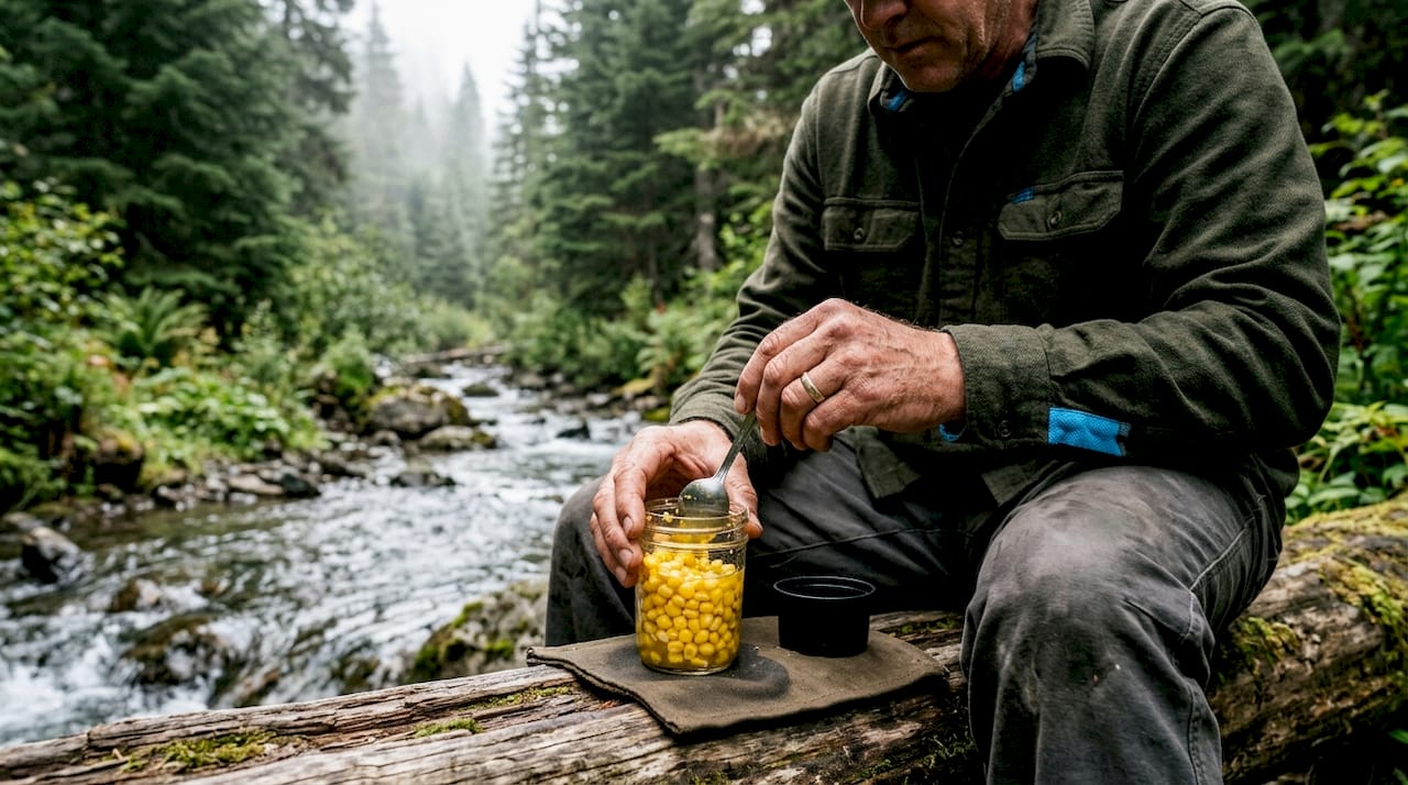 Hands dipping bait corn into kokanee scent jar