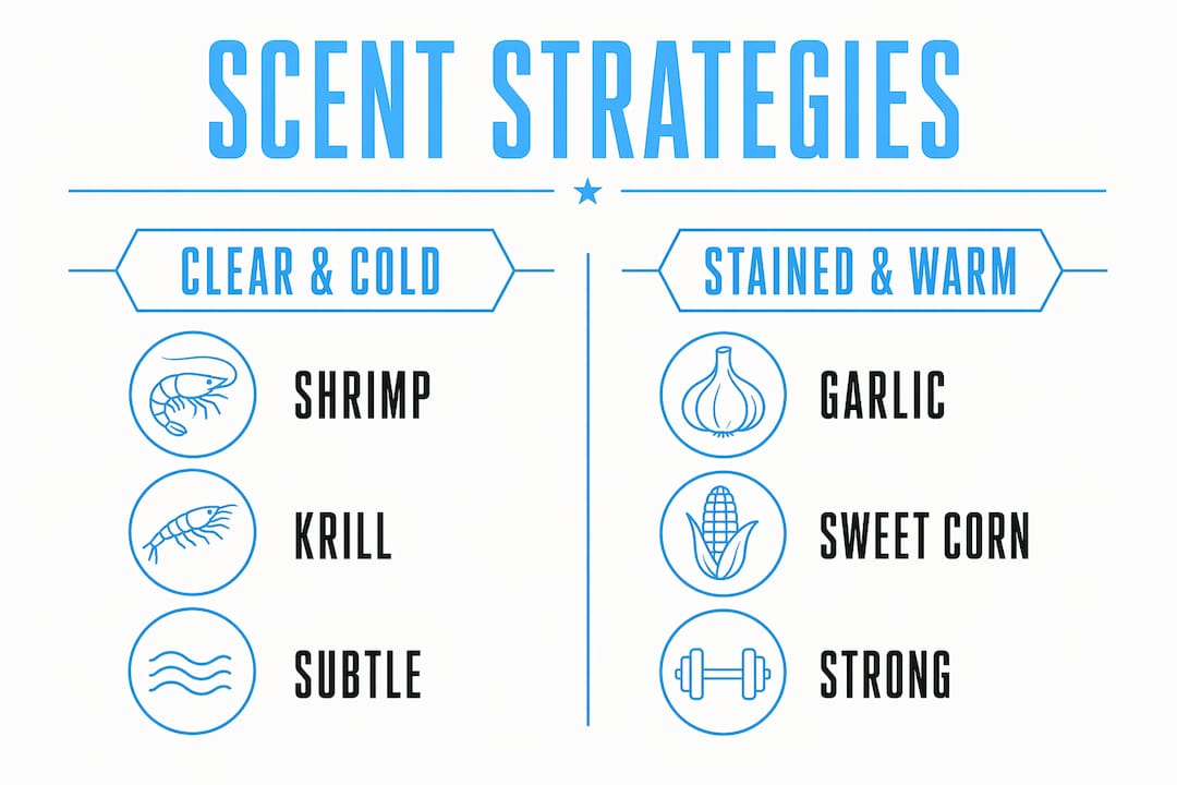 Infographic comparing kokanee scent choices by water conditions